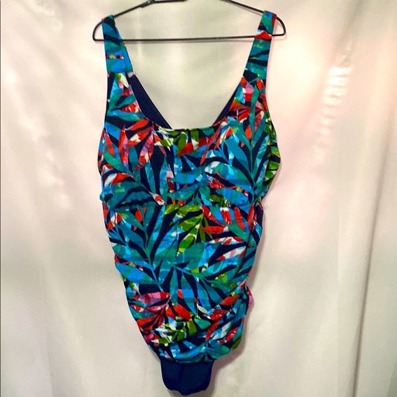 TRIMSHAPER ONE PIECE SWIMSUIT WO PLUS SIZE 30 VIVID PRINT SIDE RUSHING EUC CLEAN - Picture 1 of 14